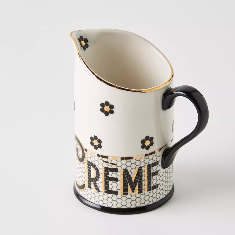Anthropologie Bistro Tile Stoneware Creamer Mosaic Paris Cafe Black Gold New - Picture 4 of 6